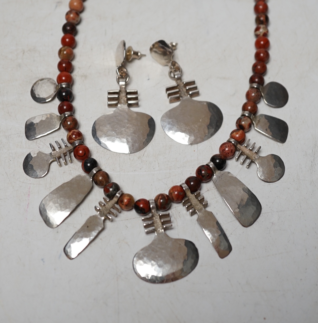 A modern Allan Vallis silver and hardstone bead set fringe necklace and matching drop earrings, necklace, 48cm, hallmarked for London, 1993/4. Condition - good